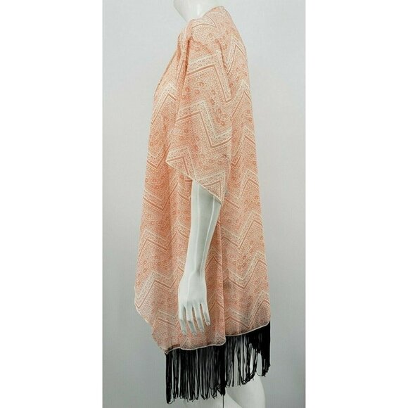 New Lularoe Monroe Kimono Womens Small Peach Floral Chevron Cover Up Fringe - Picture 4 of 6